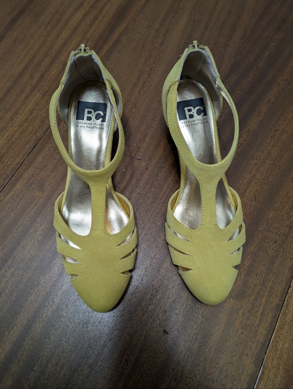 Yellow Suede T Strap Womens Pump.  BC Footwear Women Prepare For Landing Shoes.
